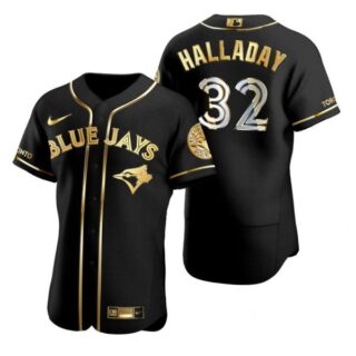 Men's Roy Halladay Toronto Blue Jays Flex Base Jersey Black Awards Black Golden