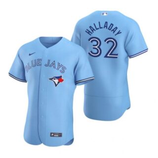 Men's Roy Halladay Toronto Blue Jays Flex Base Jersey Black Awards Powder Blue