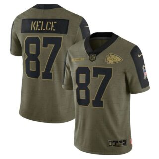 Men's #87 Travis Kelce Kansas City Chiefs Olive 2021 Salute To Service Limited Jersey