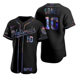 Men's Yan Gomes Washington Nationals Flex Base Jersey Black Golden Black Holographic