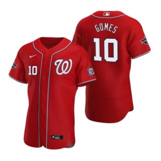 Men's Yan Gome Washington Nationals Flex Base Jersey White Gold World Series Champions Red WS