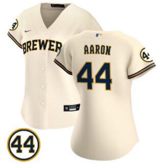 Women's #44 Hank Aaron Milwaukee Brewers White Jersey Cream