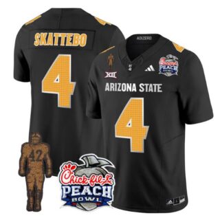 Men's Arizona State Sun Devils #4 Cam Skattebo 2024 F.U.S.E. Black Pat Tillman & Peach Bowl Patch Vapor Limited Stitched Jersey