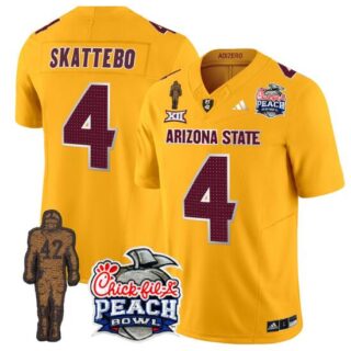 Men's Arizona State Sun Devils #4 Cam Skattebo 2024 F.U.S.E. Gold Pat Tillman & Peach Bowl Patch Vapor Limited Stitched Jersey