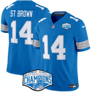 Men's Detroit Lions #14 Amon-Ra St. Brown Blue 2024 NFC North Champions F.U.S.E. Vapor Limited Stitched Jersey