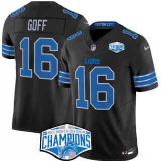 Men's Detroit Lions #16 Jared Goff Black 2024 NFC North Champions F.U.S.E. Vapor Limited Stitched Jersey