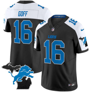 Men's Detroit Lions #16 Jared Goff Black White F.U.S.E. 2024 Michigan Patch Vapor Limited Stitched Jersey