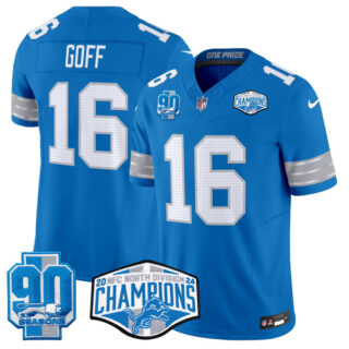 Men's Detroit Lions #16 Jared Goff Blue 2024 NFC North Champions 90th Anniversary Patch F.U.S.E. Vapor Limited Stitched Jersey