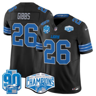 Men's Detroit Lions #26 Jahmyr Gibbs Black 2024 NFC North Champions 90th Anniversary Patch F.U.S.E. Vapor Limited Stitched Jersey