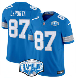 Men's Detroit Lions #87 Sam LaPorta Blue 2024 NFC North Champions F.U.S.E. Vapor Limited Stitched Jersey