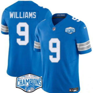 Men's Detroit Lions #9 Jameson Williams Blue 2024 NFC North Champions F.U.S.E. Vapor Limited Stitched Jersey