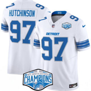Men's Detroit Lions #97 Aidan Hutchinson White 2024 NFC North Champions F.U.S.E. Vapor Limited Stitched Jersey