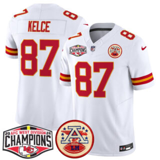 Men's Kansas City Chiefs #87 Travis Kelce White F.U.S.E. 2024 AFC West Division Champions Vapor Limited Stitched Football Jersey