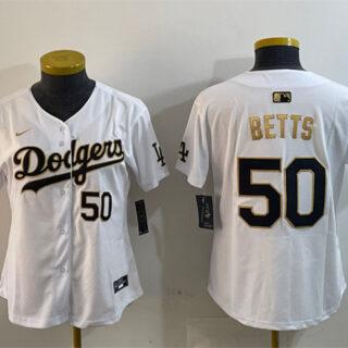 Women's Los Angeles Dodgers #50 Mookie Betts White Gold Home Limited Stitched Baseball Jersey(Run Small)