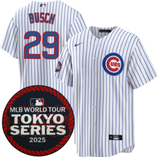 Men's Chicago Cubs #29 Michael Busch White 2025 World Tour Tokyo Series Home Stitched Baseball Jersey