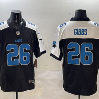 Men's Detroit Lions #26 Jahmyr Gibbs Black White F.U.S.E. 2024 Michigan Patch Vapor Limited Stitched Jersey