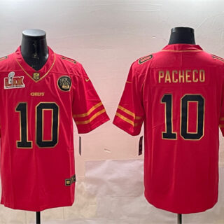 Men's Kansas City Chiefs #10 Isiah Pacheco Red Gold 2025 Super Bowl LIX Patch Vapor Limited Stitched Football Jersey