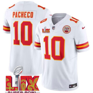 Men's Kansas City Chiefs #10 Isiah Pacheco White 2025 Super Bowl LIX Patch F.U.S.E. Vapor Limited Stitched Football Jersey