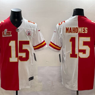 Men's Kansas City Chiefs #15 Patrick Mahomes Red & White Split 2025 Super Bowl LIX Patch Vapor Limited Stitched Football Jersey