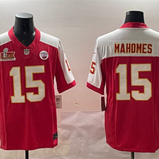 Men's Kansas City Chiefs #15 Patrick Mahomes Red White 2025 Super Bowl LIX Patch F.U.S.E. Vapor Limited Stitched Football Jersey