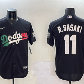 Men's Los Angeles Dodgers #11 Roki Sasaki Black Mexico With World Series Patch Cool Base Stitched Baseball Jersey