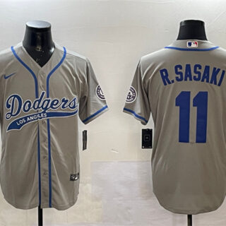 Men's Los Angeles Dodgers #11 Roki Sasaki Grey With Patch Cool Base Stitched Baseball Jersey