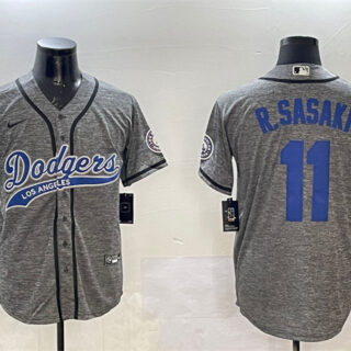 Men's Los Angeles Dodgers #11 Roki Sasaki Grey With Patch Cool Base Stitched Baseball Jersey