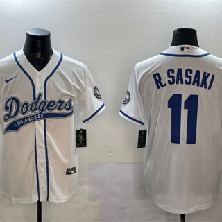 Men's Los Angeles Dodgers #11 Roki Sasaki White With Patch Cool Base Stitched Baseball Jersey