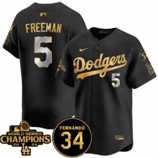 Men's Los Angeles Dodgers #5 Freddie Freeman Black Gold 2024 World Series Champions & Fernando Memorial Patch Vapor Premier Limited Stitched Baseball Jersey