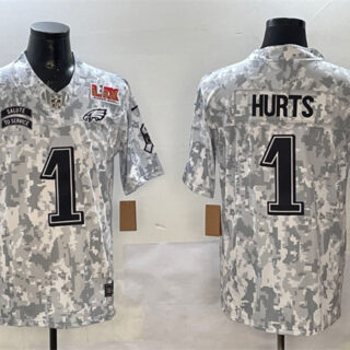 Men's Philadelphia Eagles #1 Jalen Hurts Arctic Camo 2025 Super Bowl LIX Patch F.U.S.E Salute To Service Limited Stitched Football Jersey
