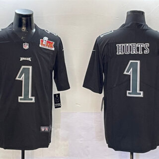 Men's Philadelphia Eagles #1 Jalen Hurts Black 2025 Super Bowl LIX Patch Fashion Vapor Untouchable Limited Stitched Football Jersey