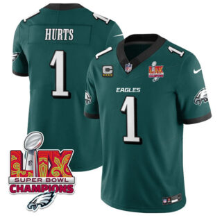 Men's Philadelphia Eagles #1 Jalen Hurts Green 2025 Eagles Logo Super Bowl LIX Patch With 4-Star C Patch New F.U.S.E. Vapor Untouchable Limited Stitched Football Jersey