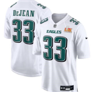 Men's Philadelphia Eagles #33 Cooper DeJean White 2025 Super Bowl LIX Patch Fashion Football Stitched Game Jersey