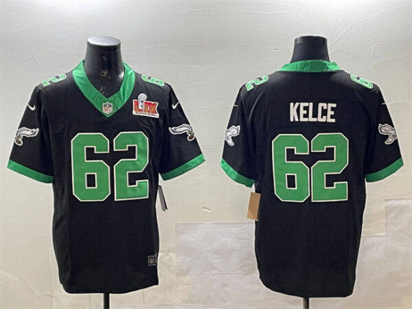 Men's Philadelphia Eagles #62 Jason Kelce Black 2025 Super Bowl LIX Patch F.U.S.E. Vapor Untouchable Limited Stitched Football Jersey