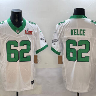 Men's Philadelphia Eagles #62 Jason Kelce White 2025 Super Bowl LIX Patch F.U.S.E. Vapor Untouchable Limited Stitched Football Jersey