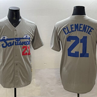 Men's Santurce Crabbers #21 Roberto Clemente Grey Cool Base Stitched Baseball Jersey