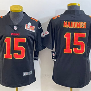 Women's Kansas City Chiefs #15 Patrick Mahomes Black 2025 Super Bowl LIX Patch Vapor Untouchable Limited Stitched Football Jersey(Run Small)