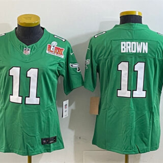 Women's Philadelphia Eagles #11 A. J. Brown Green 2025 Super Bowl LIX Patch F.U.S.E. Throwback Vapor Untouchable Limited Stitched Football Jersey(Run Small)