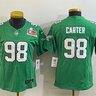Women's Philadelphia Eagles #98 Jalen Carter Green 2025 Super Bowl LIX Patch F.U.S.E. Throwback Vapor Untouchable Limited Stitched Football Jersey(Run Small)
