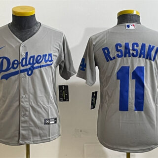 Youth Los Angeles Dodgers #11 Roki Sasaki Grey Cool Base Stitched Baseball Jersey 1