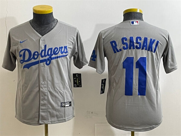 Youth Los Angeles Dodgers #11 Roki Sasaki Grey Cool Base Stitched Baseball Jersey 1