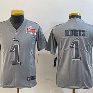 Youth Philadelphia Eagles #1 Jalen Hurts Grey 2025 Super Bowl LIX Patch Atmosphere Fashion Vapor Untouchable Limited Stitched Football Jersey