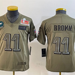Youth Philadelphia Eagles #11 A.J. Brown Olive 2025 Super Bowl LIX Patch Salute To Service Vapor Untouchable Limited Stitched Football Jersey