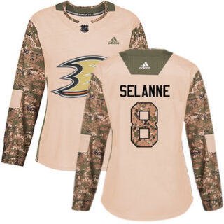 Women's Anaheim Ducks #8 Teemu Selanne Camo Authentic 2017 Veterans Day Stitched NHL Jersey