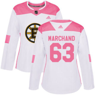 Women's Boston Bruins #63 Brad Marchand White Pink Authentic Fashion Stitched NHL Jersey