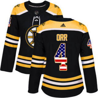 Women's Boston Bruins #4 Bobby Orr Black Home Authentic USA Flag Stitched NHL Jersey