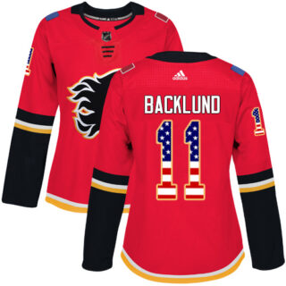 Women's Calgary Flames #11 Mikael Backlund Red Home Authentic USA Flag Stitched NHL Jersey