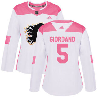 Women's Calgary Flames #5 Mark Giordano White Pink Authentic Fashion Stitched NHL Jersey