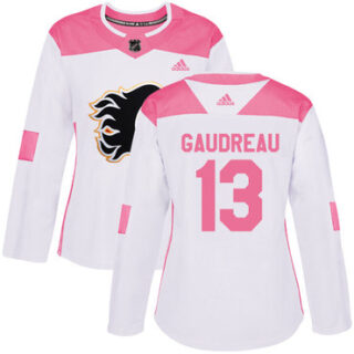 Women's Calgary Flames #13 Johnny Gaudreau White Pink Authentic Fashion Stitched NHL Jersey