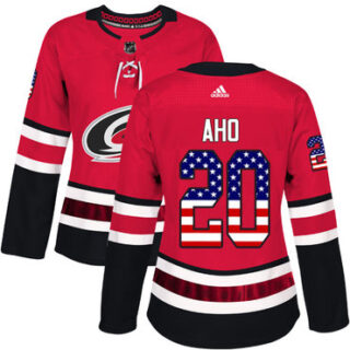 Women's Carolina Hurricanes #20 Sebastian Aho Red Home Authentic USA Flag Stitched NHL Jersey